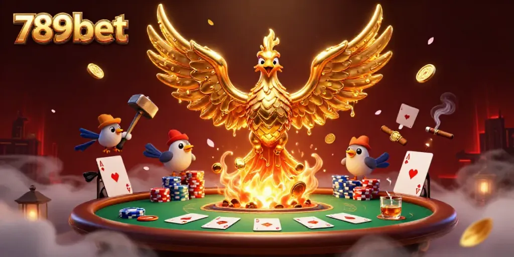 Experience high-stakes action at 789bet with a golden phoenix amidst poker excitement.