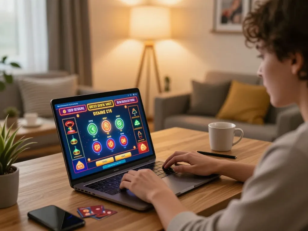 Player enjoying online casino games on a laptop, showcasing ALO8 gaming interface in a comfortable home setting.