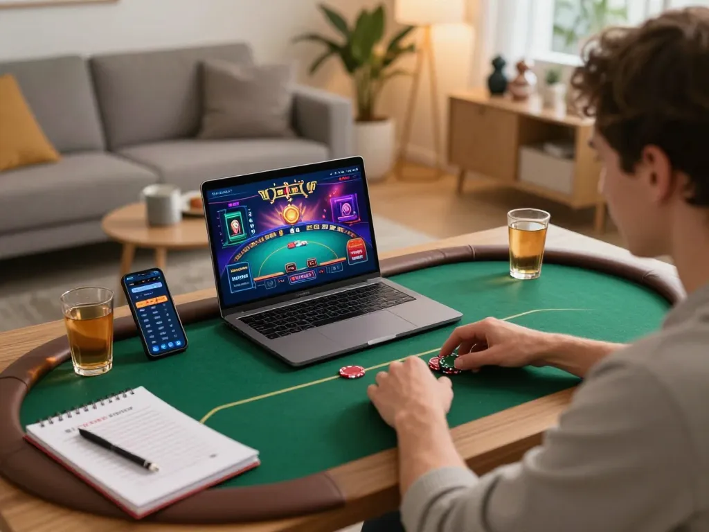 Player enjoying a thrilling online poker game at home, showcasing 68win's engaging platform and strategic gameplay elements.