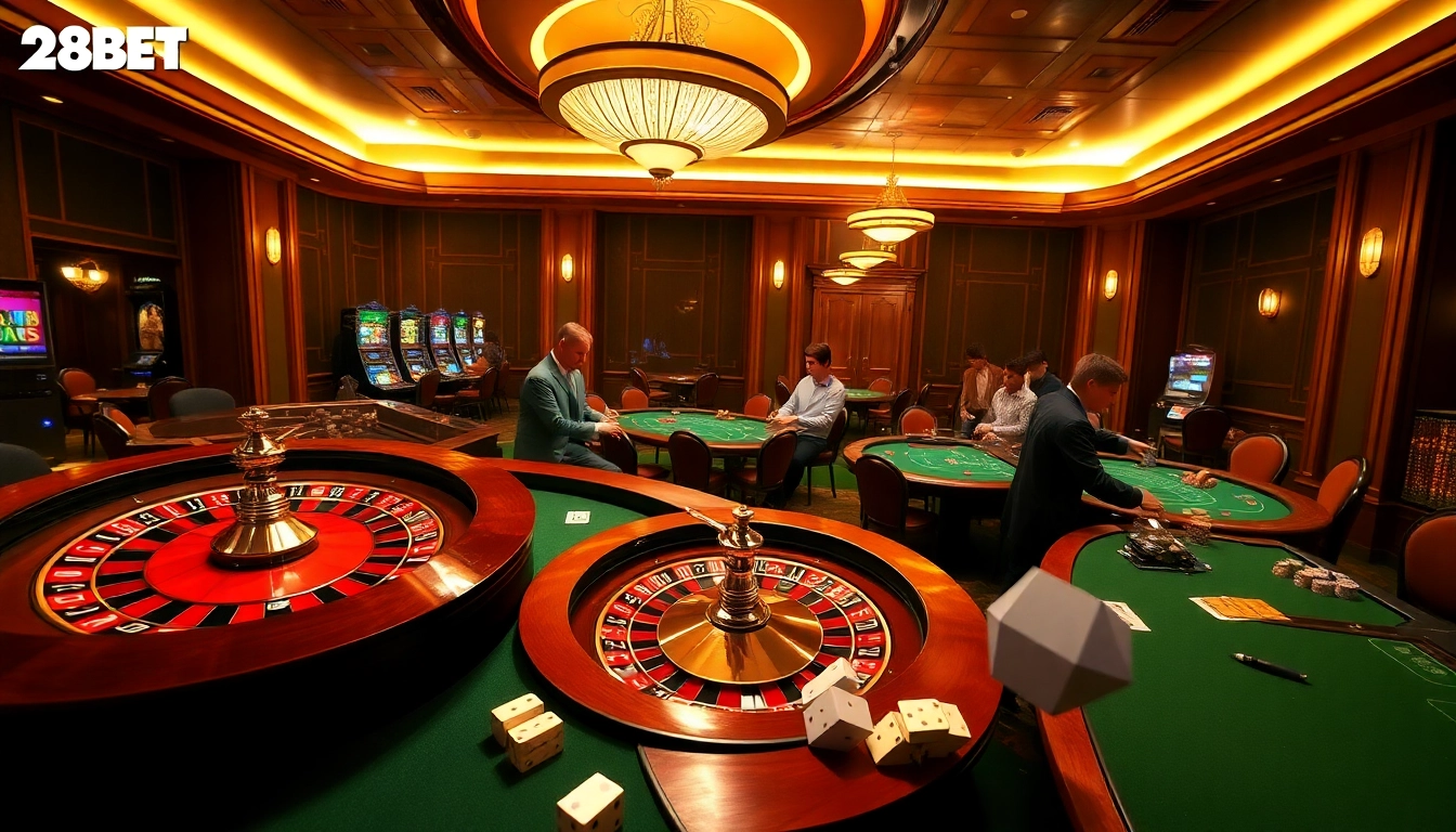 Experience the thrill of 28BET with vibrant casino tables, roulette wheels, and eager players.