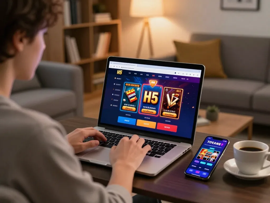 Engaging scene of H5 browser play on an online casino laptop at home, showcasing strategic gaming.