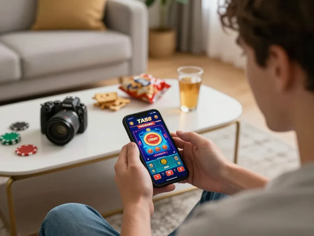 Player using TA88 casino app on smartphone, engaging in mobile gambling at home.