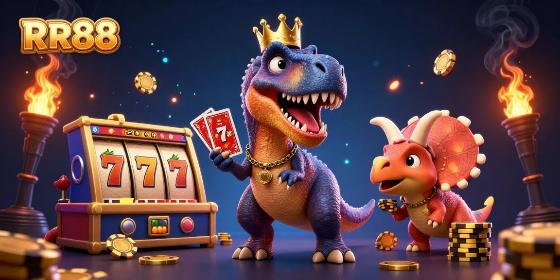 RR88 features a friendly T-Rex and characters in a dynamic slot game scene with golden symbols.