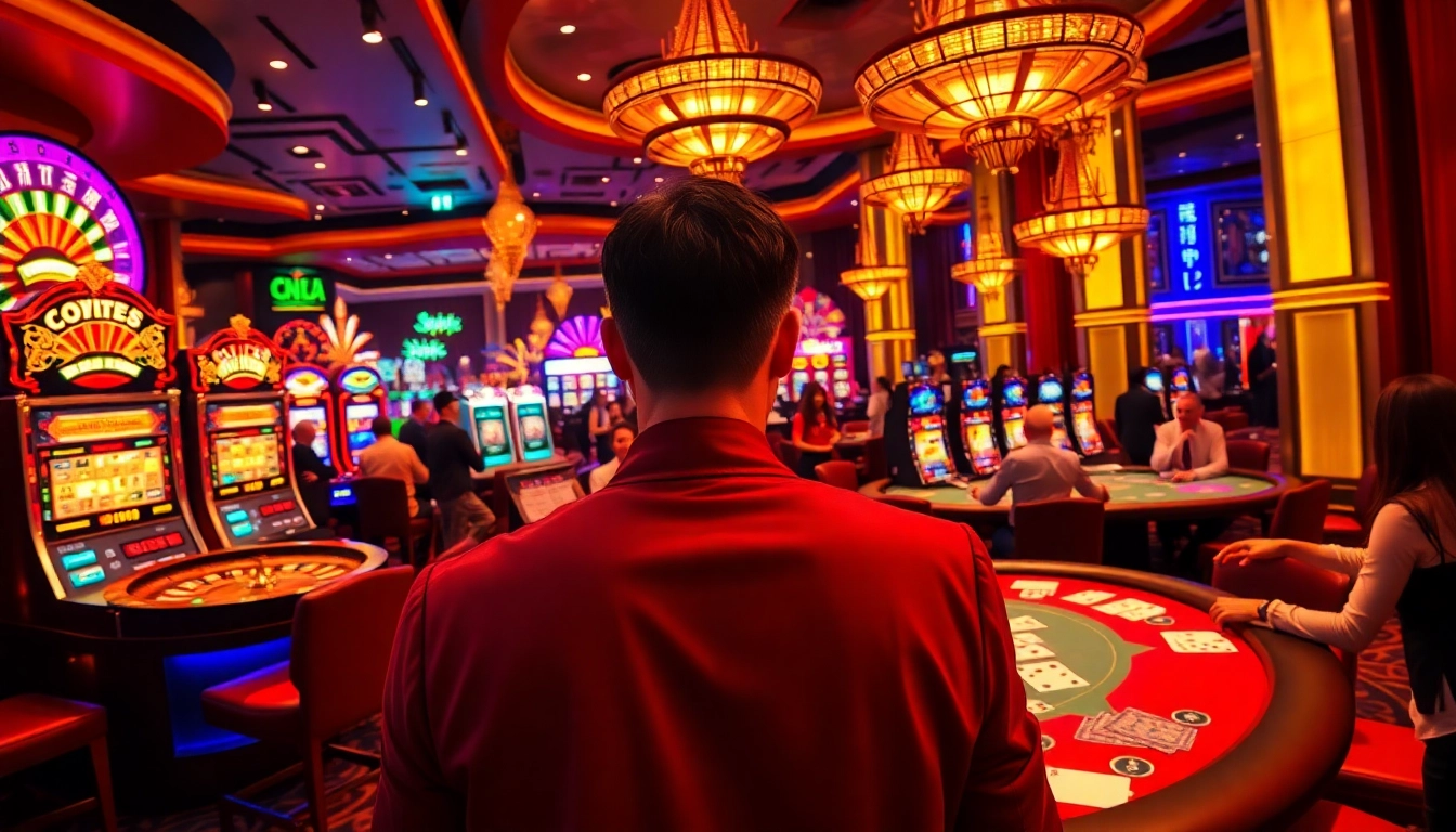 Exciting casino gaming scene depicting "lo de uy tin" with roulette wheel, slot machines, and betting activities.