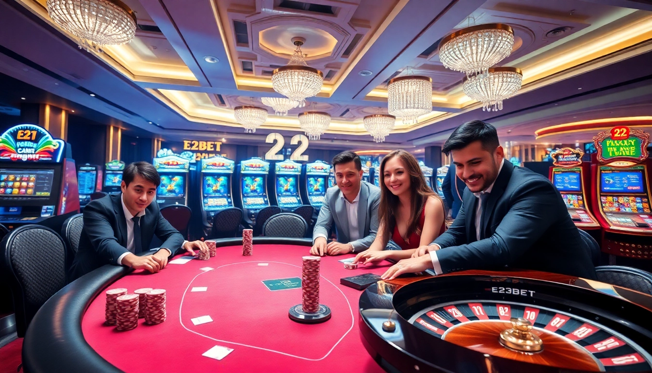 E2BET players celebrating a winning moment at a luxurious casino poker table.