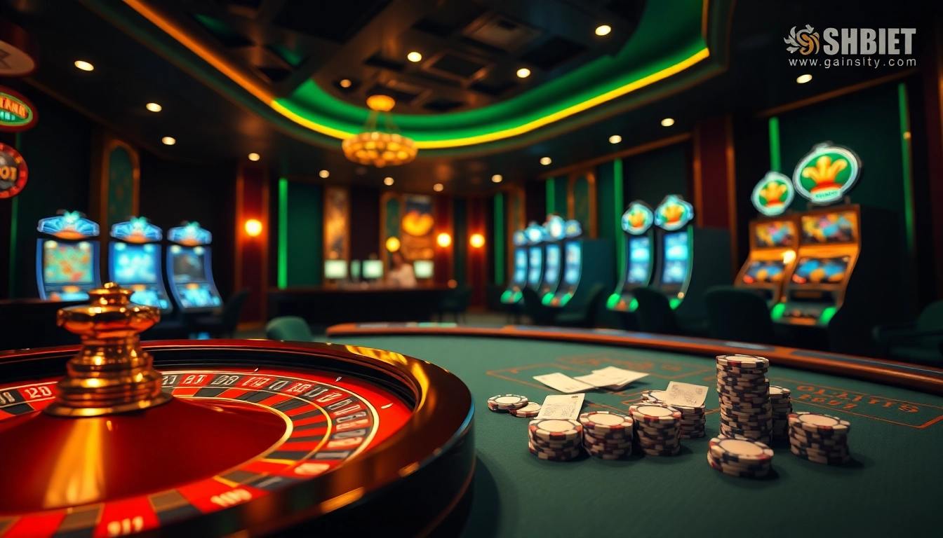 Experience the excitement of link dự phòng SHBET with poker chips and roulette in a vibrant casino setting.