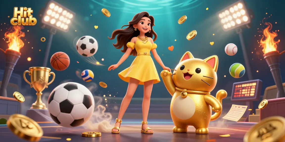 Experience the excitement of betting at Hit club with a joyful scene of a woman and lucky cat amidst golden coins and sports elements.
