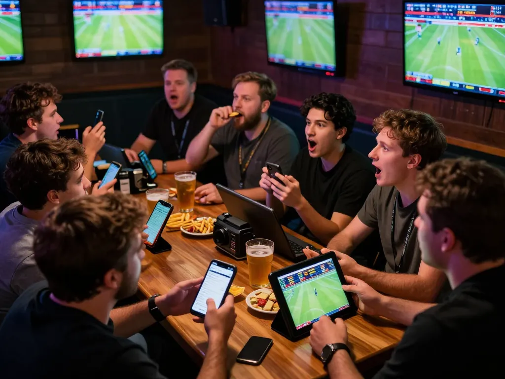 Sports bettors engaging passionately with Hoiquantv, analyzing game odds on devices during live match.
