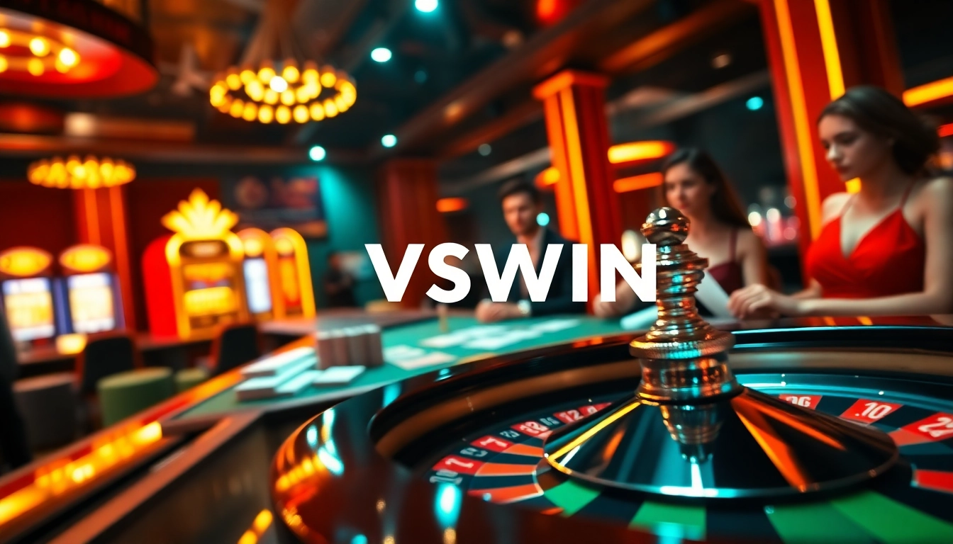 A dynamic casino scene featuring VSWIN with poker chips and a roulette wheel, showcasing vibrant excitement.