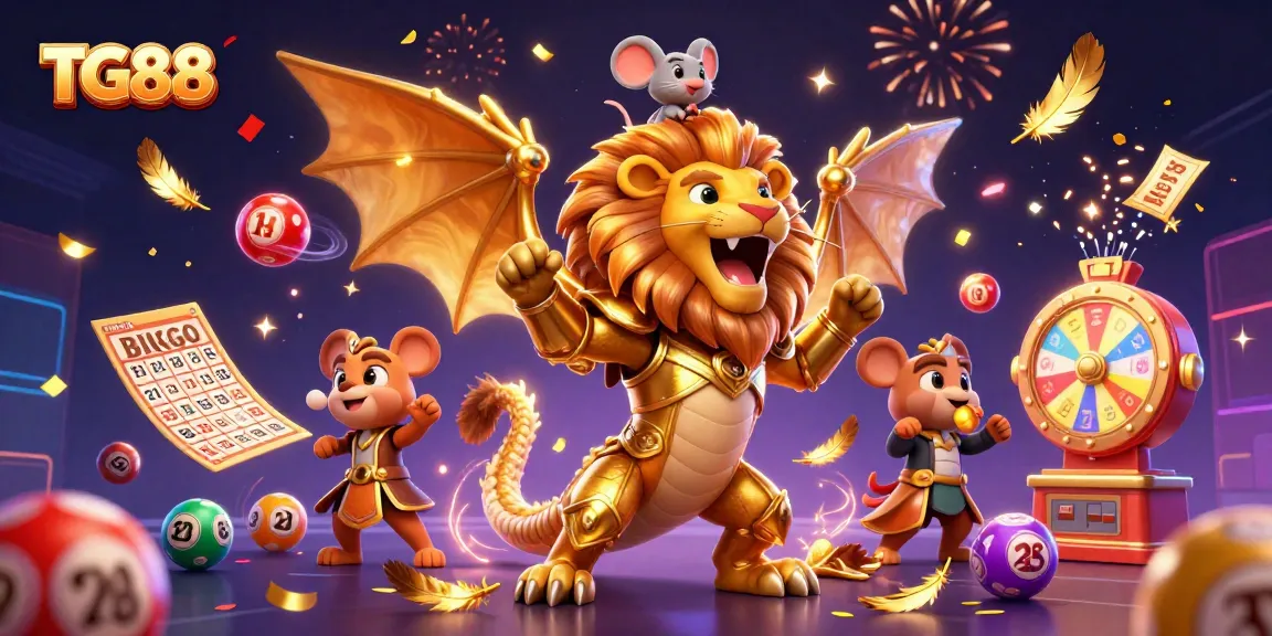 Experience exciting wins on TG88 with vibrant lottery balls and a roaring chimera in this engaging 3D casino illustration.