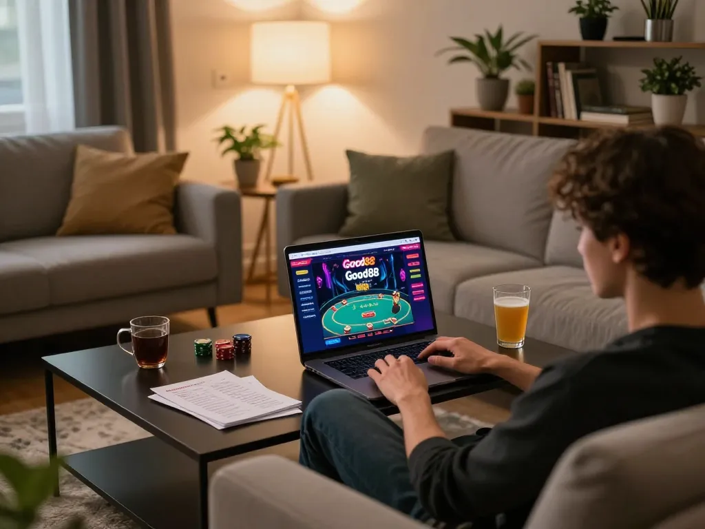 Good88 online gaming experience with a player engaged in poker strategy on a laptop.