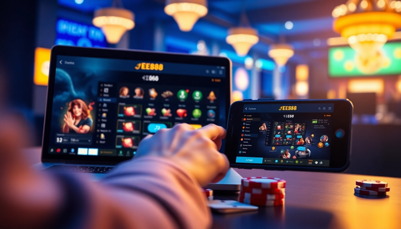 EE88 online gaming platform with vibrant interface on devices, exciting atmosphere
