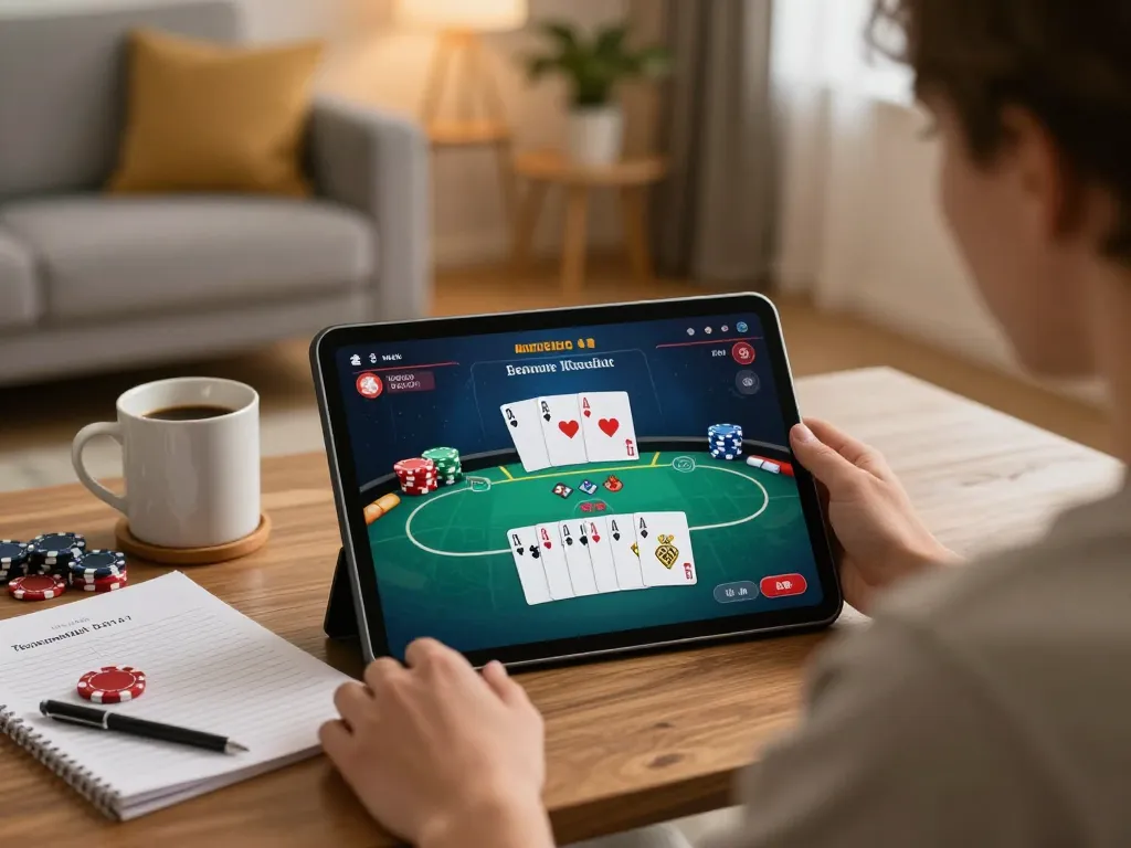 Play SC88 online poker game on a tablet in a cozy home with strategic notes.