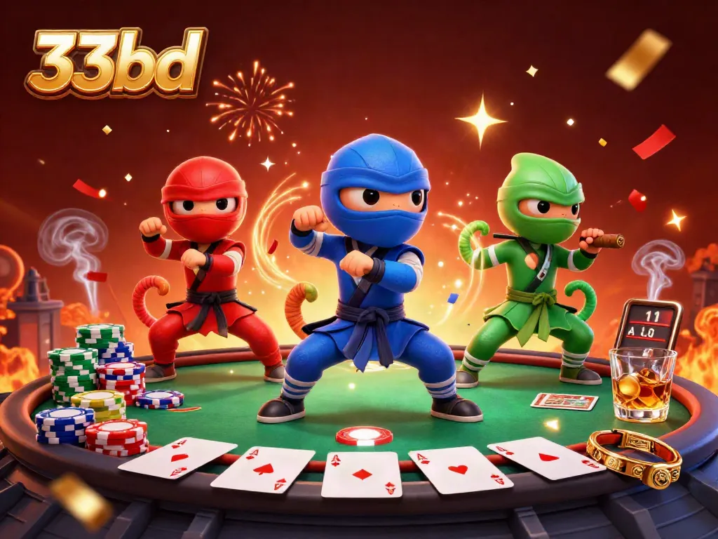 Engage in thrilling casino action with the 33bd ninja chameleon team showcasing poker skills amidst colorful chips.