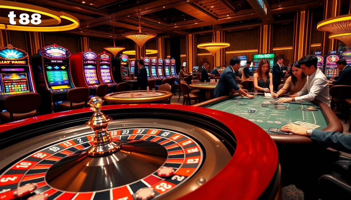TG88 gamblers enjoying lively games at an upscale casino with roulette and poker.