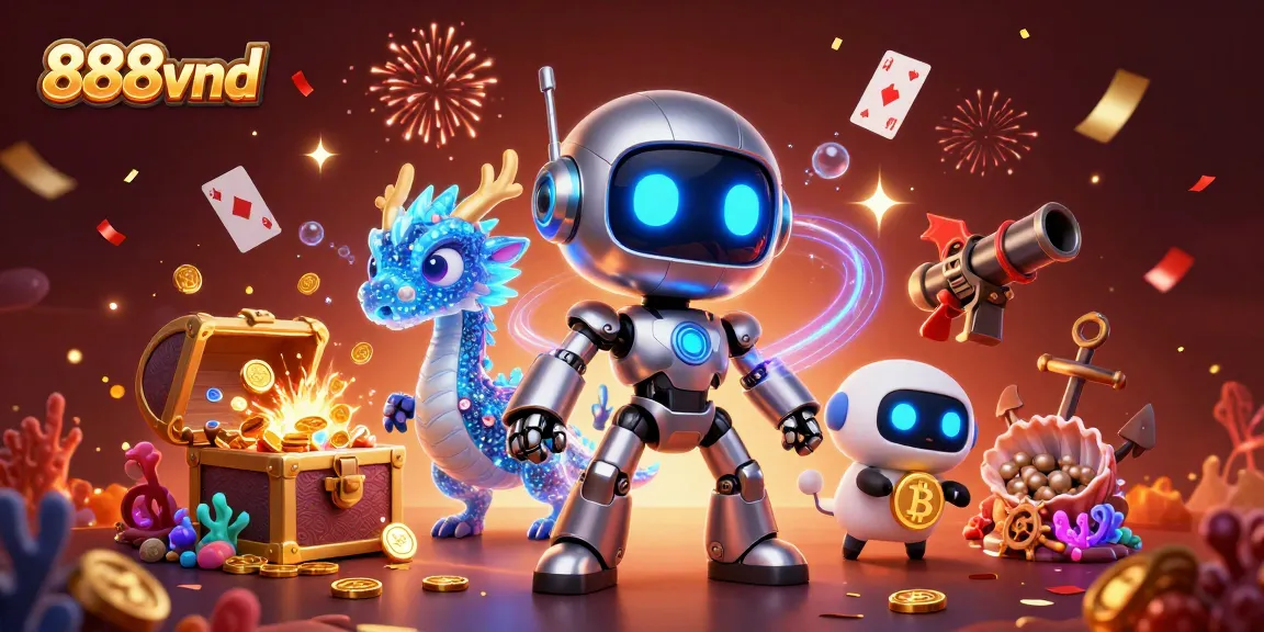 Experience exciting games on 888vnd with a captivating 3D illustration of a cyberpunk casino scene.