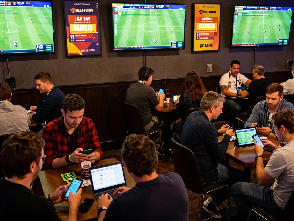 View of sports bettors analyzing kết quả bóng đá in a lively betting hall with multiple screens.