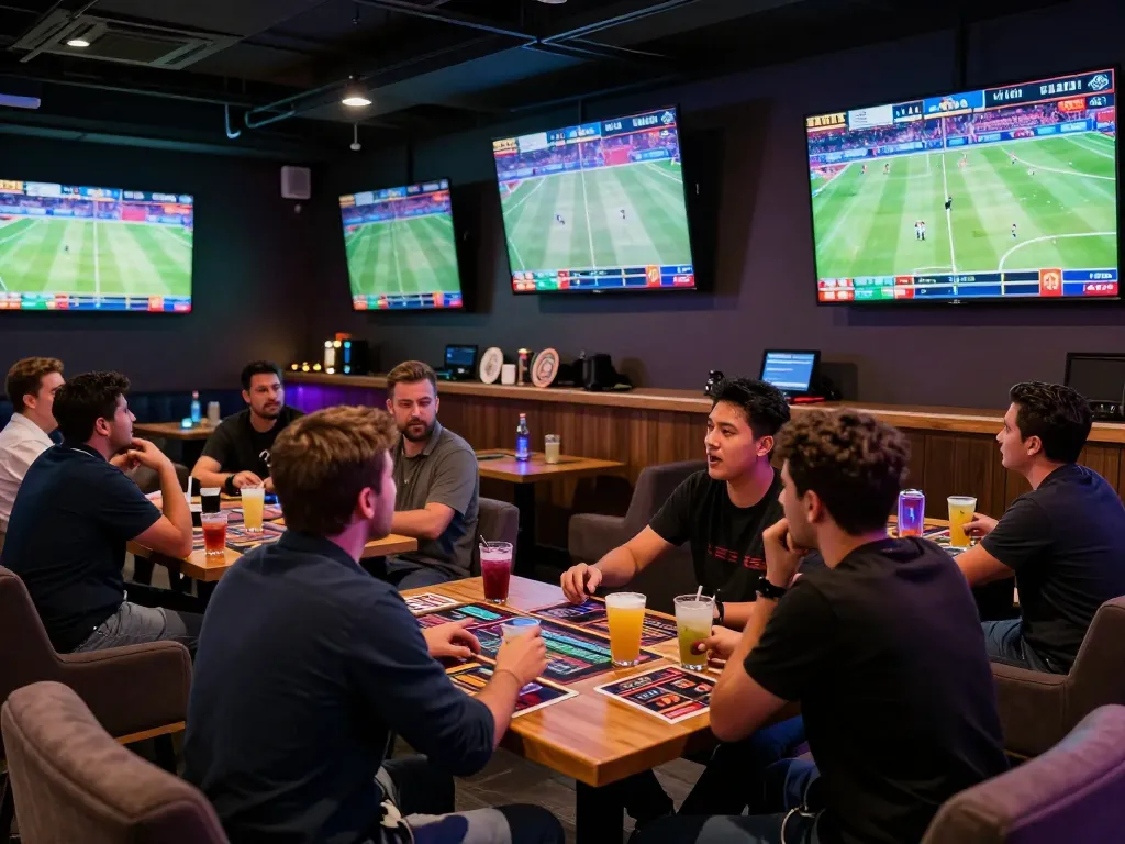 Experience thrilling sports betting at https://lucky88at.com/ with enthusiastic fans cheering around multiple screens.