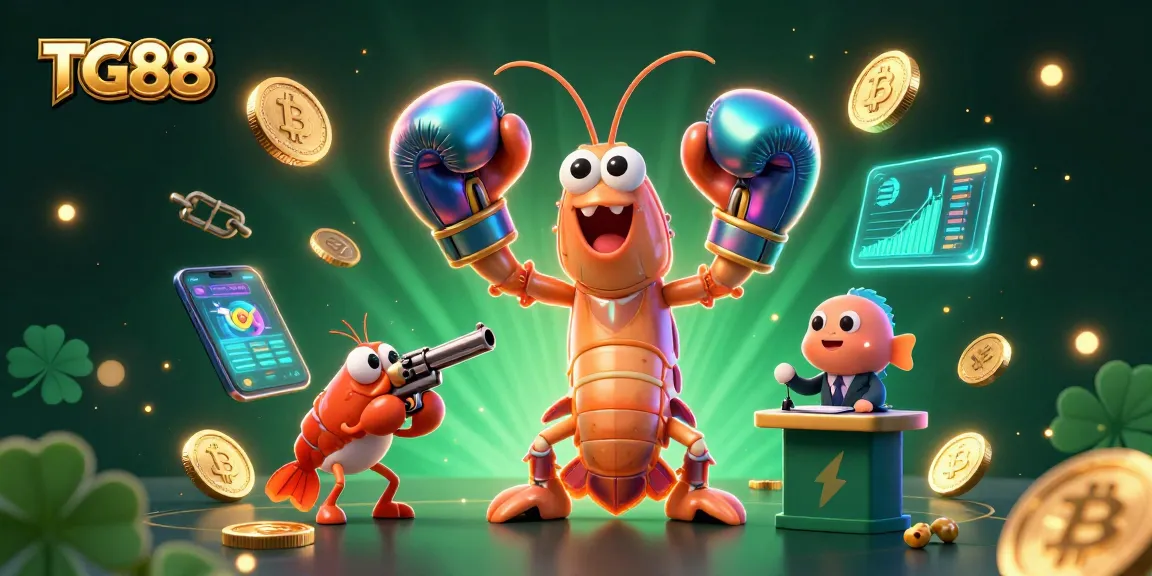 Engage with TG88’s vibrant online casino universe featuring a 3D mantis shrimp, crypto coins, and colorful game elements.