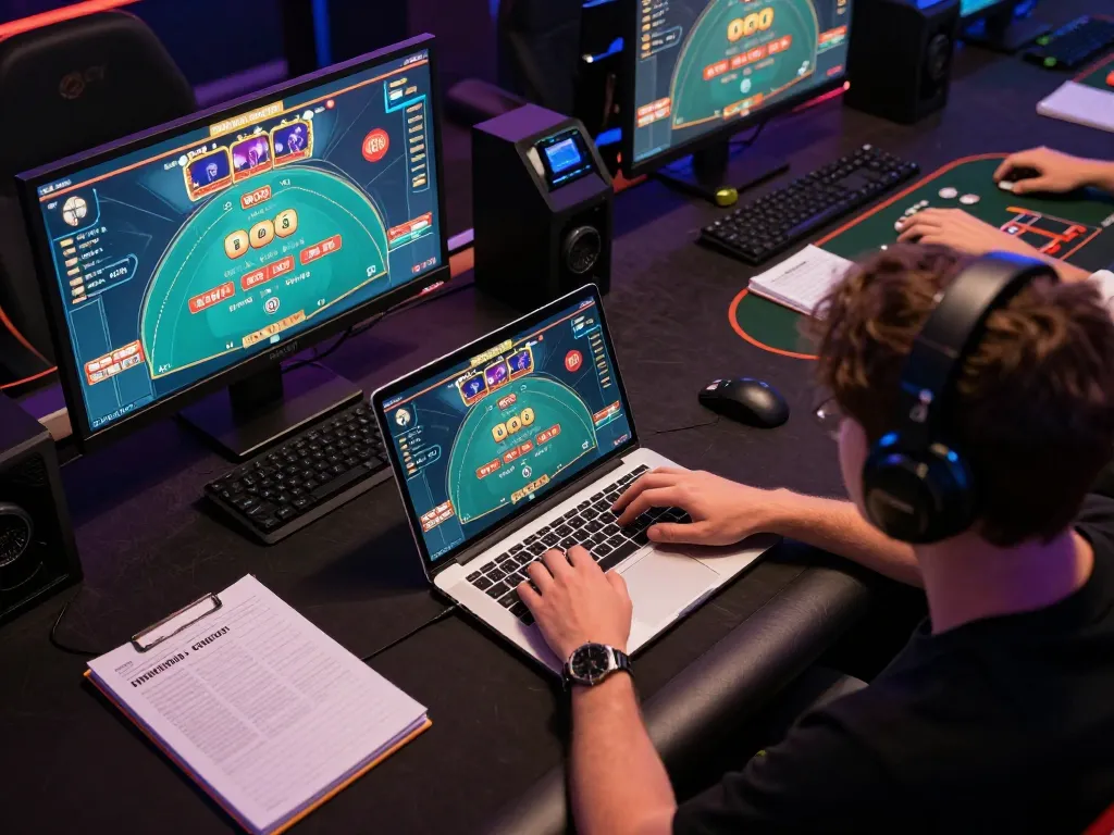 Playing poker on a laptop with a strategic setup at 789club, showcasing a modern gaming environment