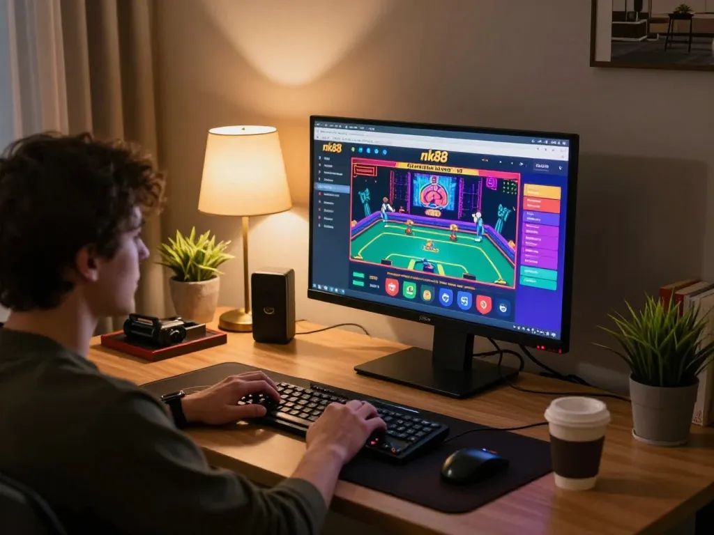 Engaging player at home using nk88 casino app with vibrant gaming interface visible.