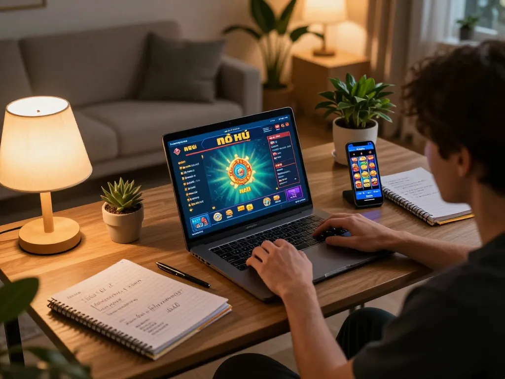 Engaging online gaming session featuring nổ hũ slot machines on laptop and mobile, capturing strategic gameplay vibe