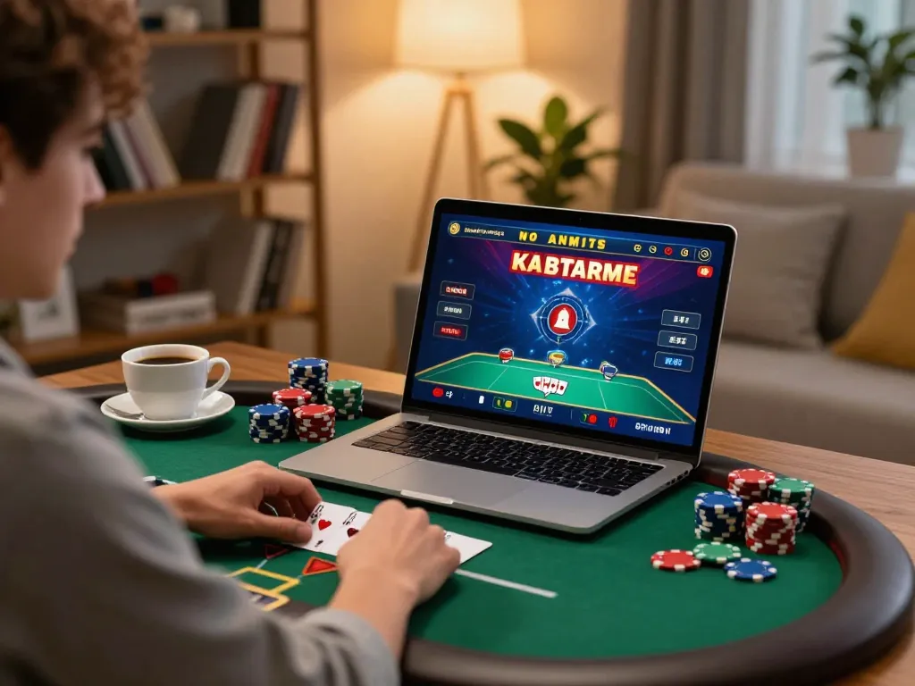KONG88 user engaging in strategic online poker gameplay while enjoying a cozy home environment.