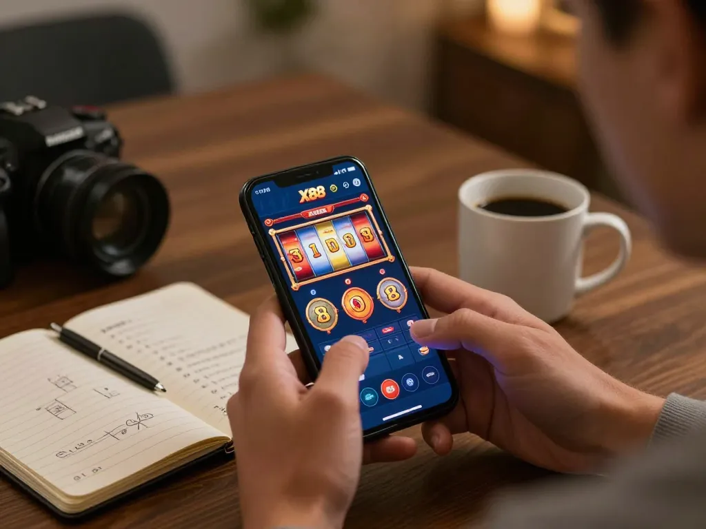 X88 mobile casino app displaying vibrant slot game action on user’s smartphone.
