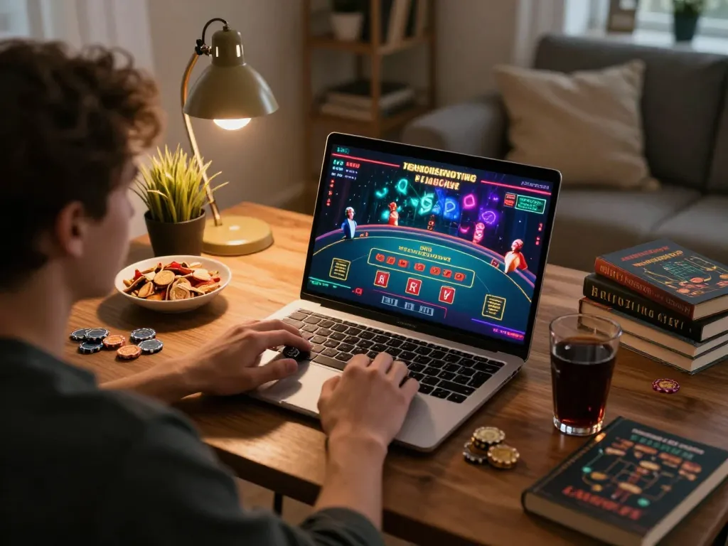 Player engaging in live rr88 casino game on laptop at home, showcasing interactive online gaming experience.