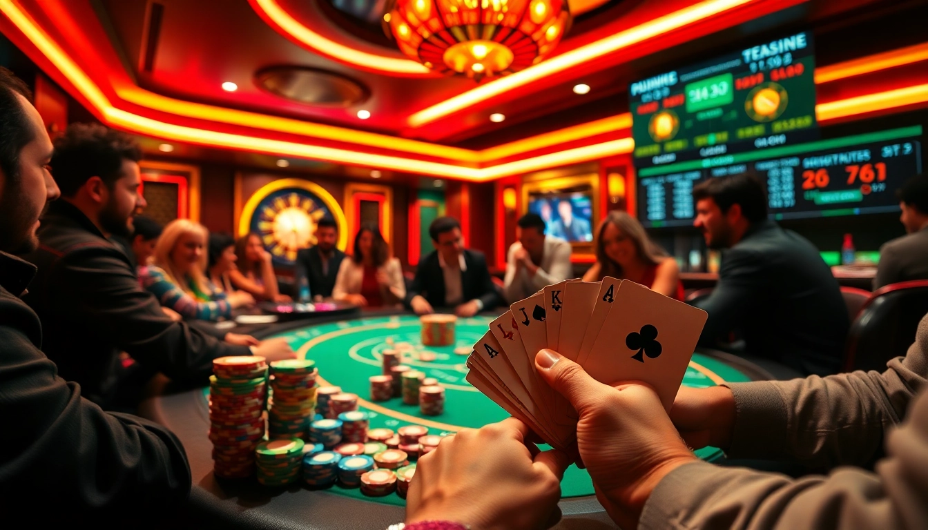 Players excitedly engage in a poker game at a casino, with socolive display showcasing match stats.
