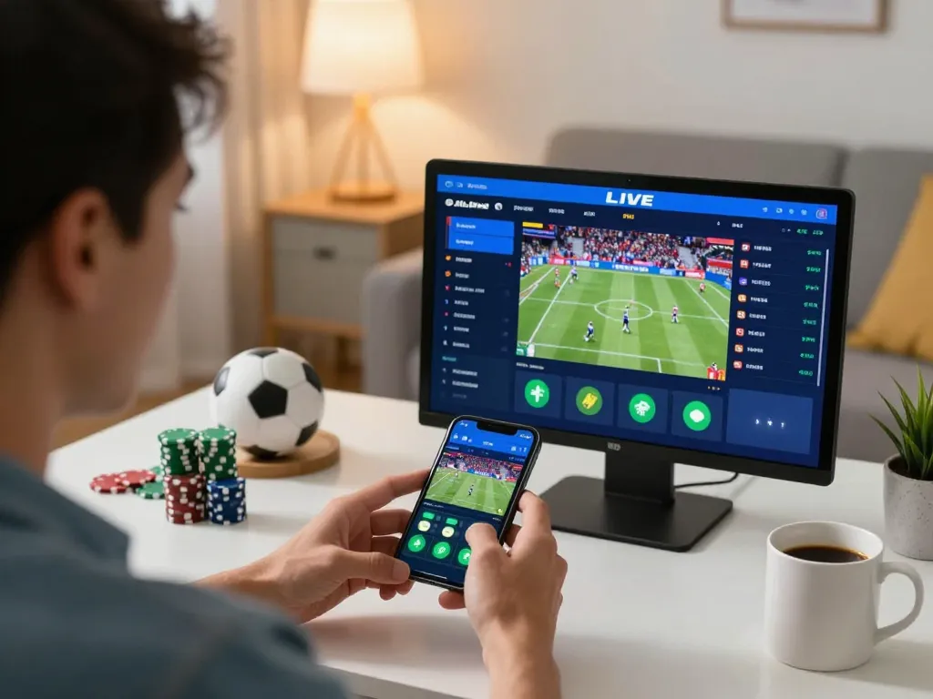 Exciting sports betting with 68win app on smartphone in cozy home setting.