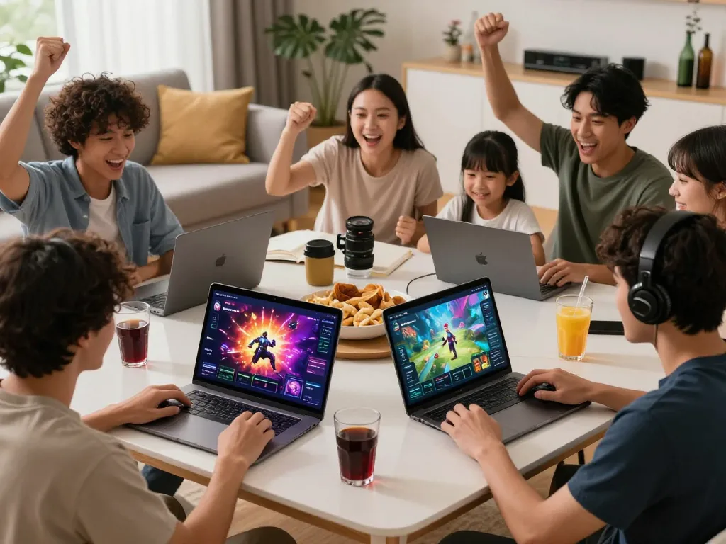 Sunwin gaming enthusiasts enjoying diverse games in a vibrant and inviting atmosphere.