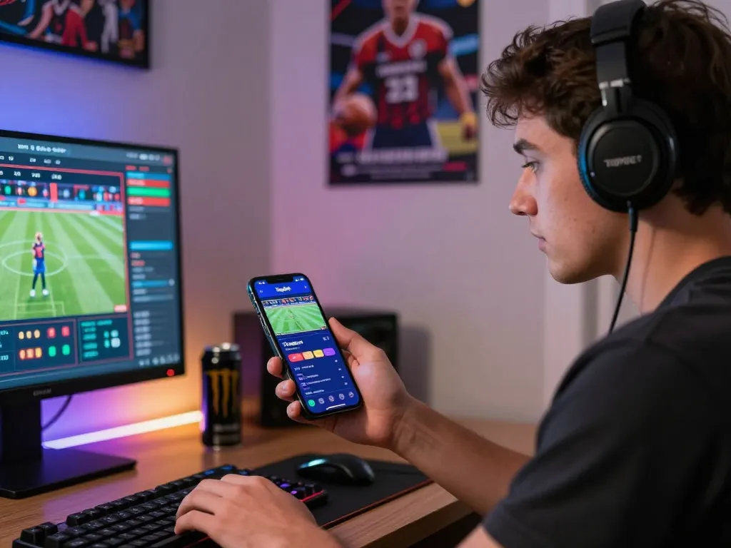 Immersive scene of a young adult using the App Topbet mobile app for live betting.