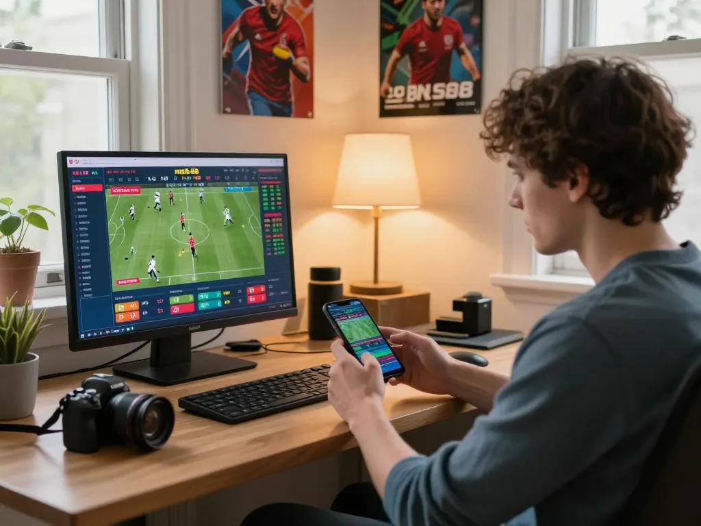 Person placing strategic bets on mb66 mobile betting app in a cozy home office setting