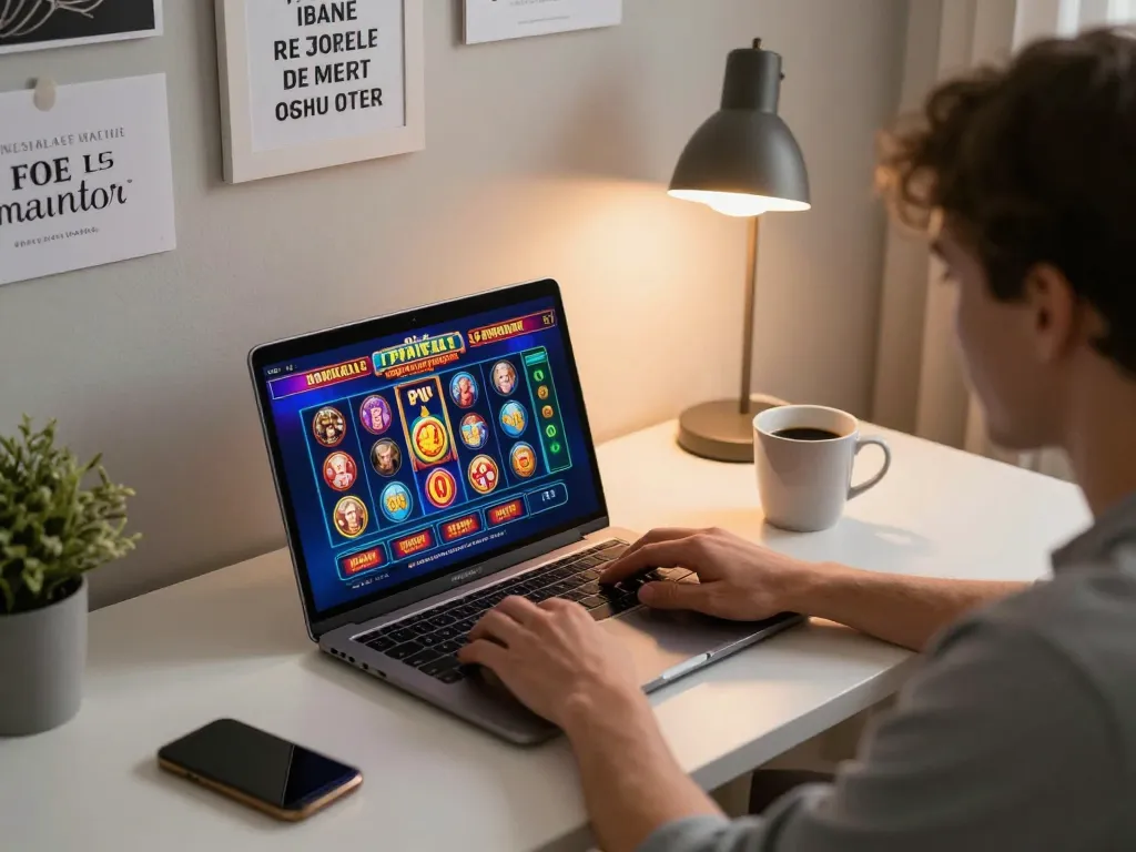Engaging home gaming scene showcasing real money pokies australia on a laptop screen.