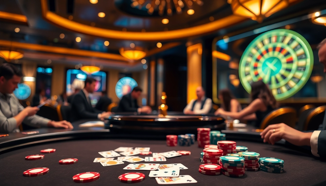 Engage in high-stakes poker at OPEN88 casino, featuring vibrant chips and cards.