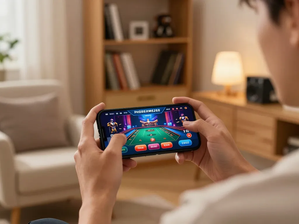 PHDREAM6268 mobile app in use while engaging in online betting strategy at a stylish home office.