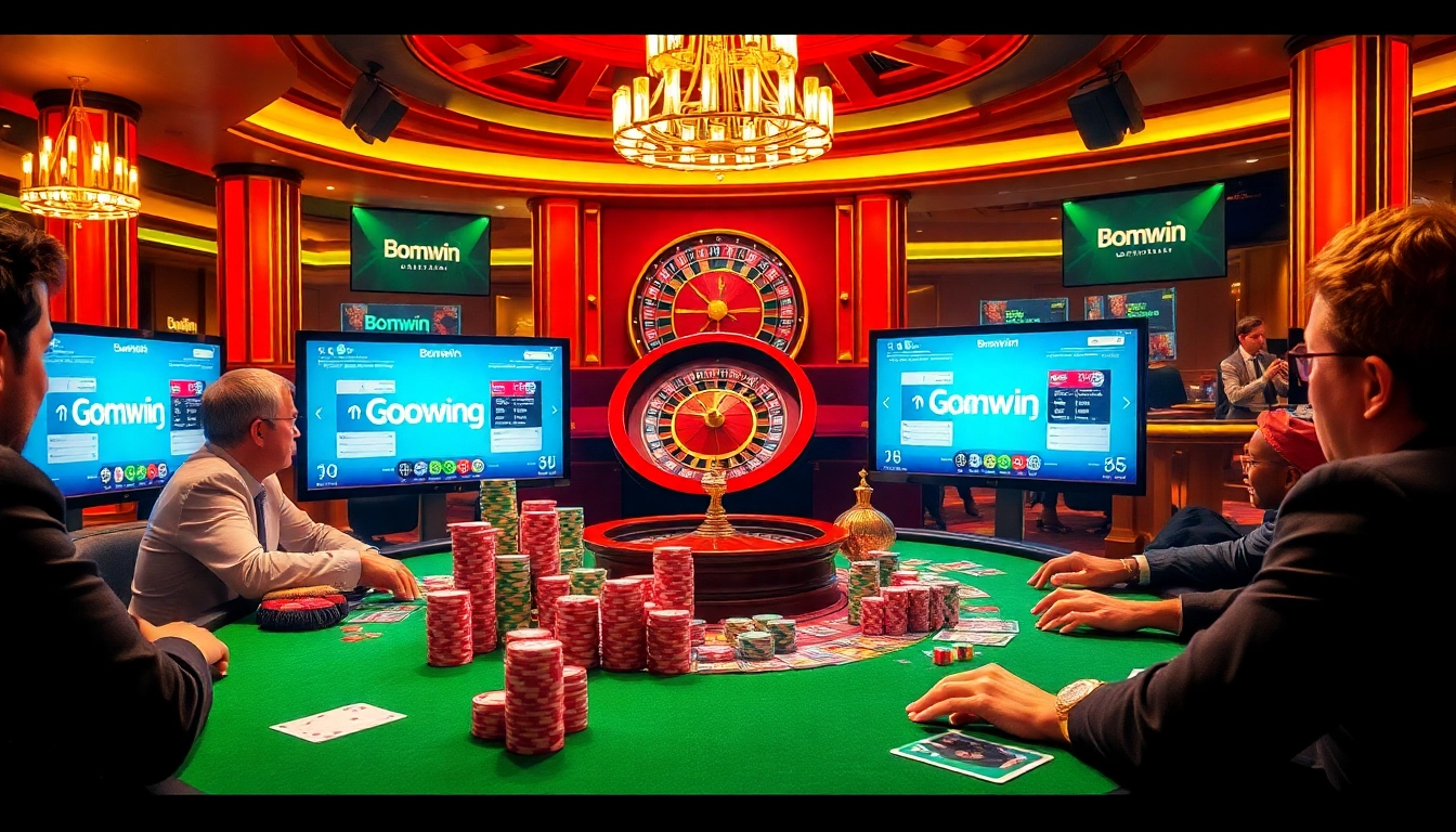 Experience thrilling poker action at Bomwin with vibrant chips, cards, and luxurious casino ambiance.