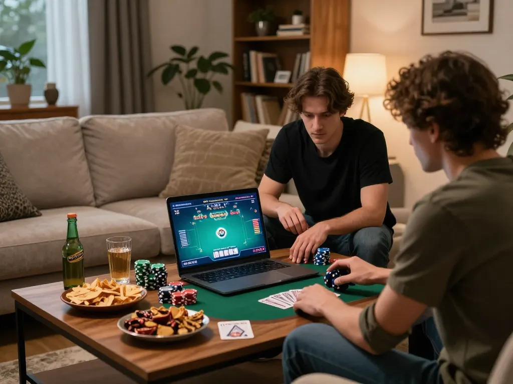 Engaging scene of a player using their laptop for online gambling at https://da88at.com/, showcasing snacks and an inviting home atmosphere.