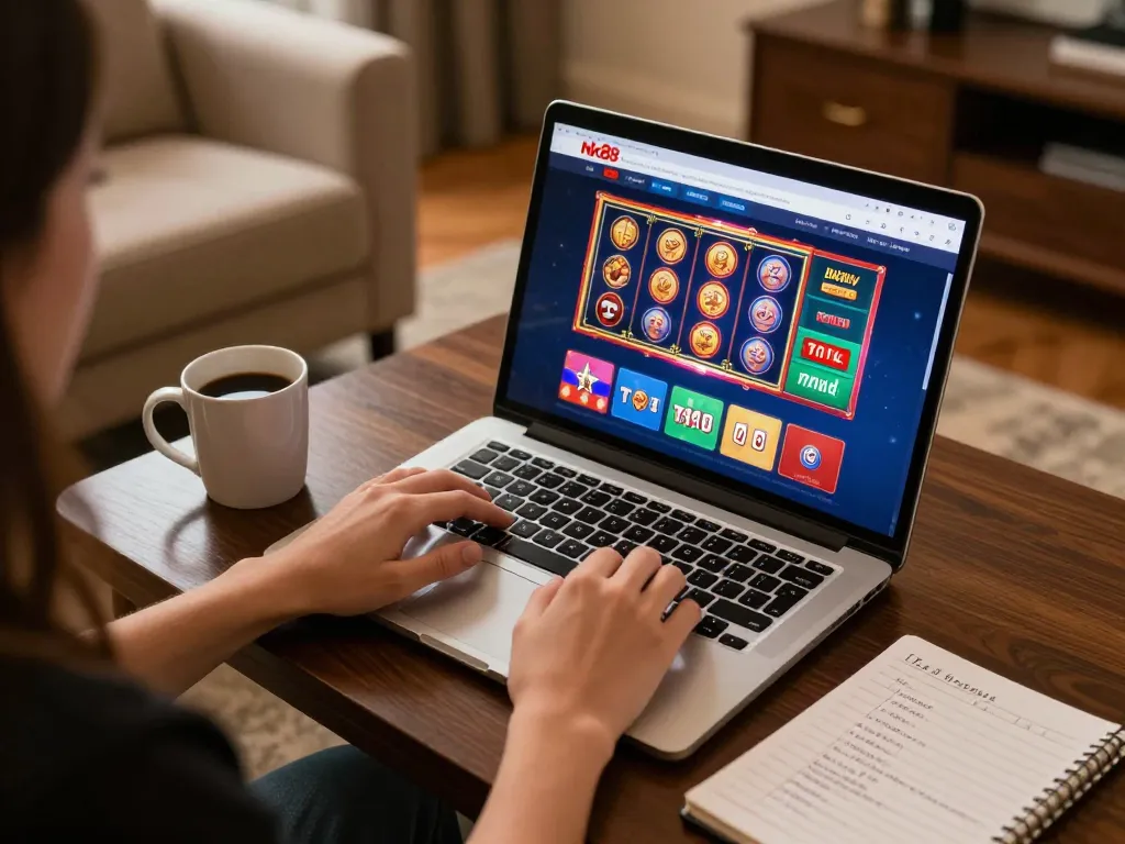 Player engaging in Nk88 online casino gaming with laptop in cozy home setting