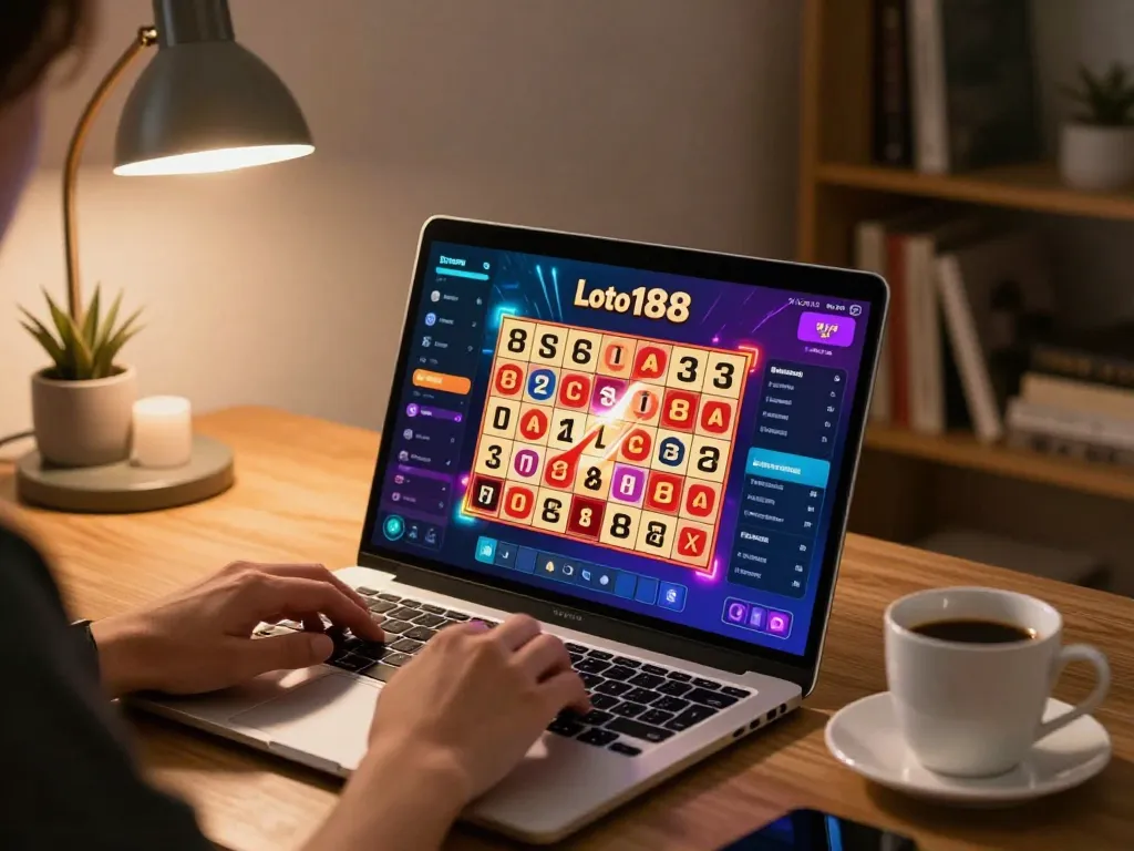 Person engaged in loto188 online lottery gameplay with laptop and cozy decor