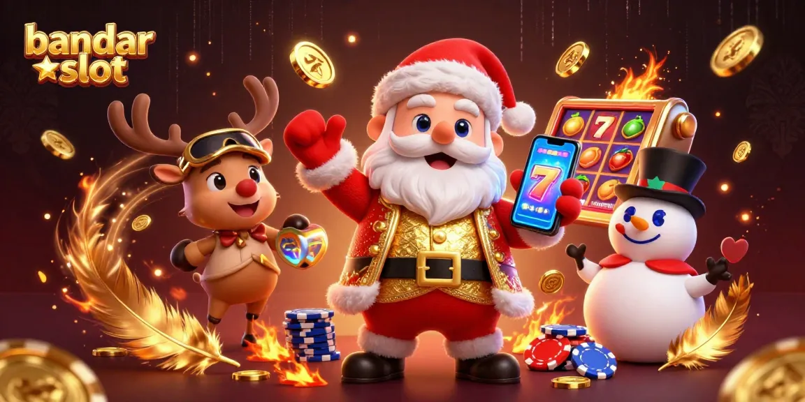 Engage with bandar slot as Santa Claus promotes jackpot fun with friends in a vibrant casino scene.