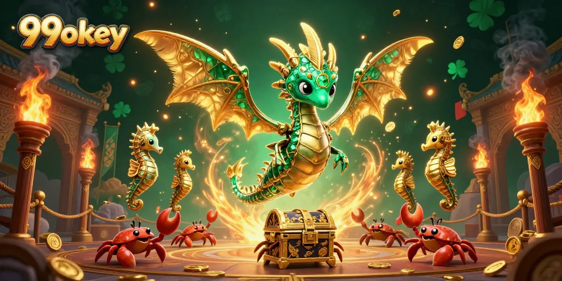 Experience the excitement of 99okey with a dazzling 3D sea dragon and treasure-laden scene.