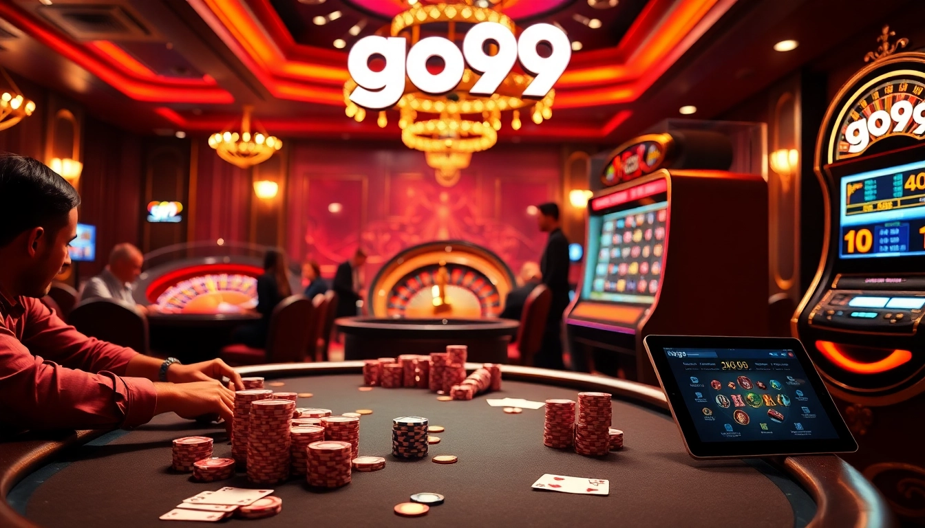 Exciting casino scene highlighting go99 with poker chips, roulette wheel, and slot machines.