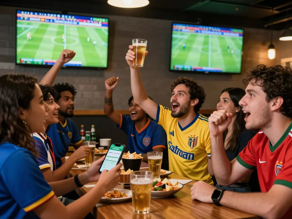 Excited fans enjoying cá độ bóng đá online at a lively sports bar.