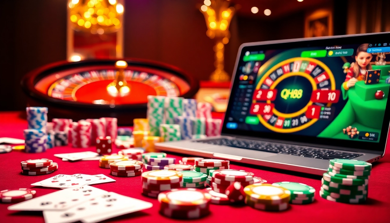 Experience thrilling gaming activities at QH88 online casino with vibrant chips and sleek interface.