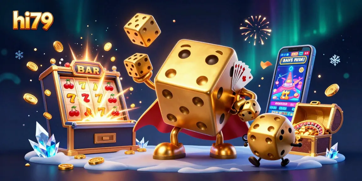 Win big with hi79 showcasing a vibrant 3D casino scene featuring golden dice and slot machines.
