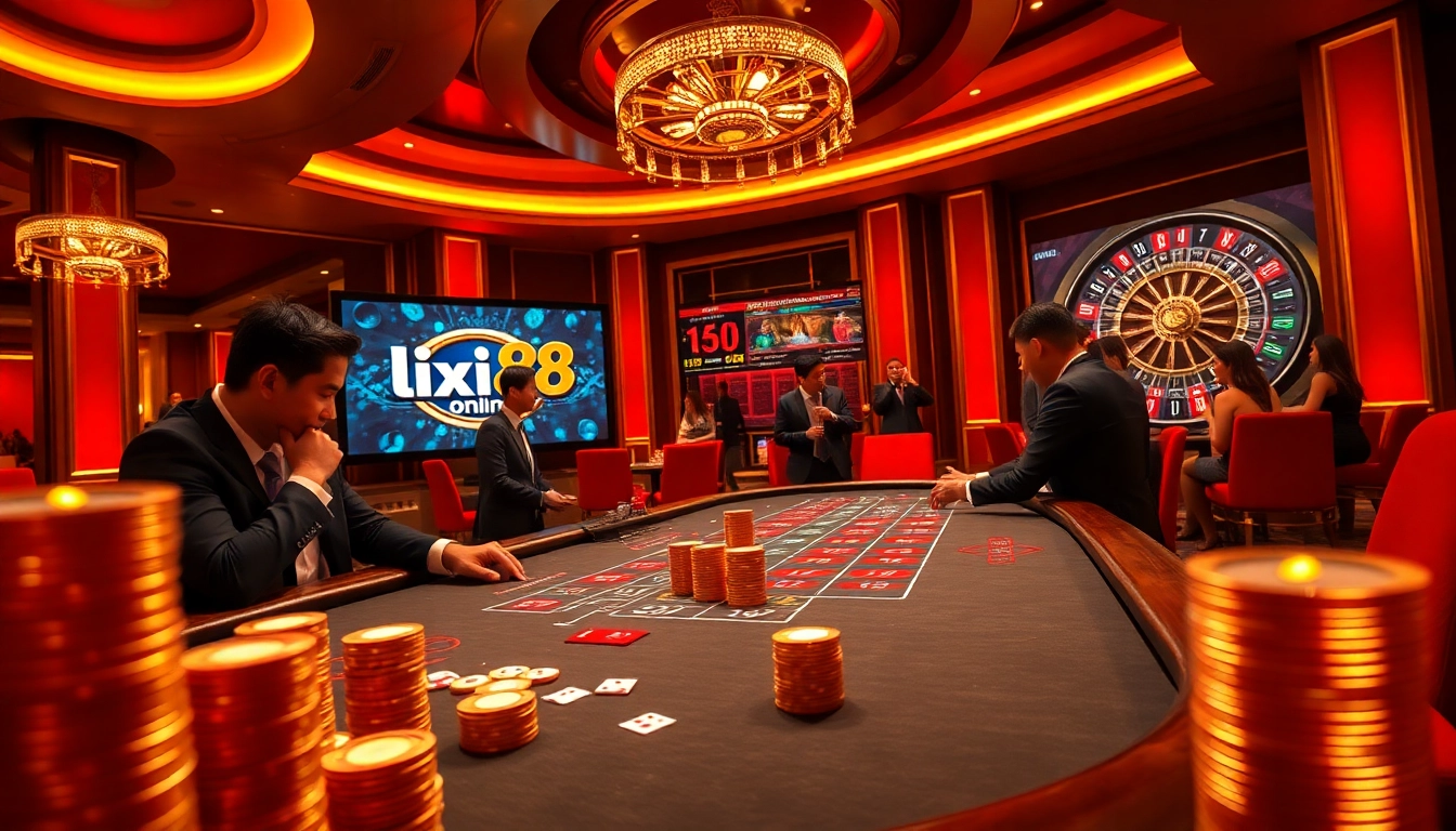Experience thrilling gameplay action at lixi88 online with a luxurious casino atmosphere showcasing poker and roulette.