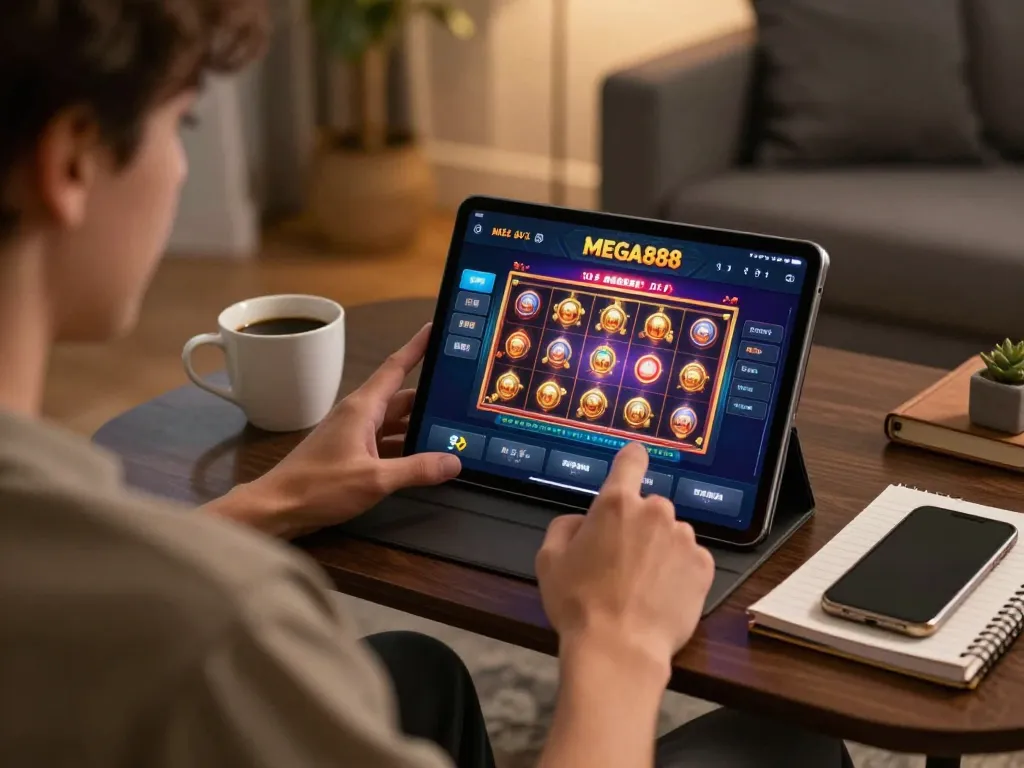 Play MEGA888 slot games on a tablet in a cozy home setting with ambient lighting