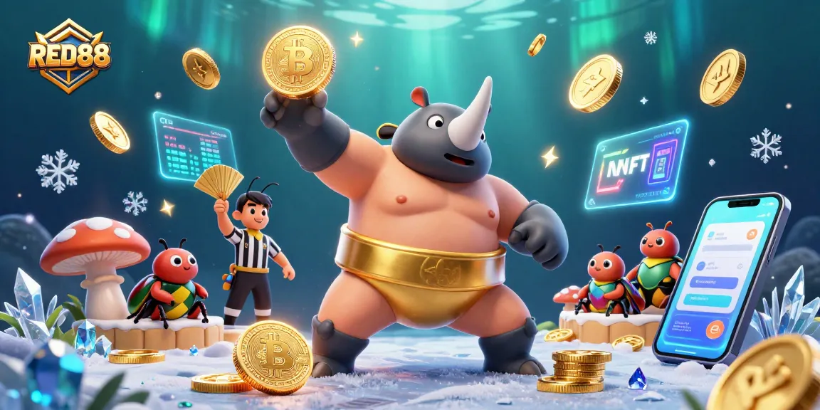 Watch the RED88 rhinoceros beetle champion stomp through a vibrant casino scene filled with crypto coins.